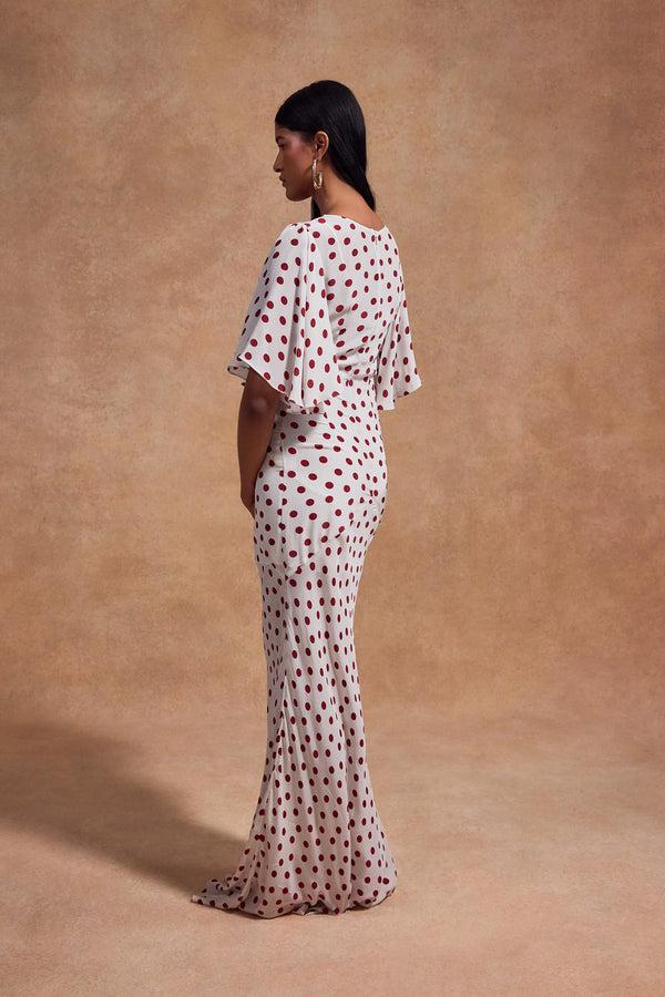 De La Vali PALOMA MAXI DRESS IN IVORY RED POLKADOT CREPE DE CHINE