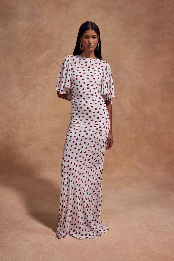de la vali PALOMA MAXI DRESS IN IVORY RED POLKADOT CREPE DE CHINE