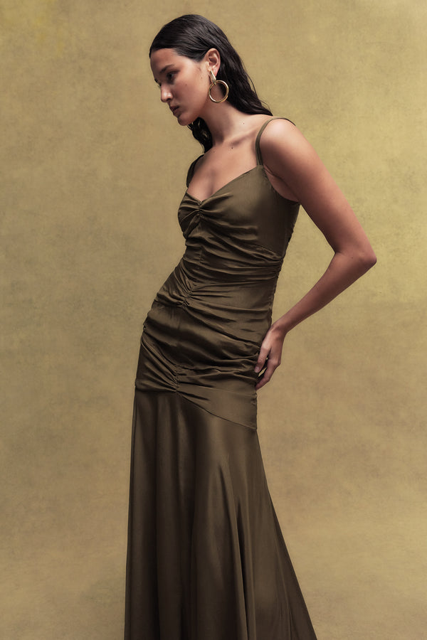 De La Vali PERDITA CREPE DE CHINE MAXI DRESS IN OLIVE GREEN