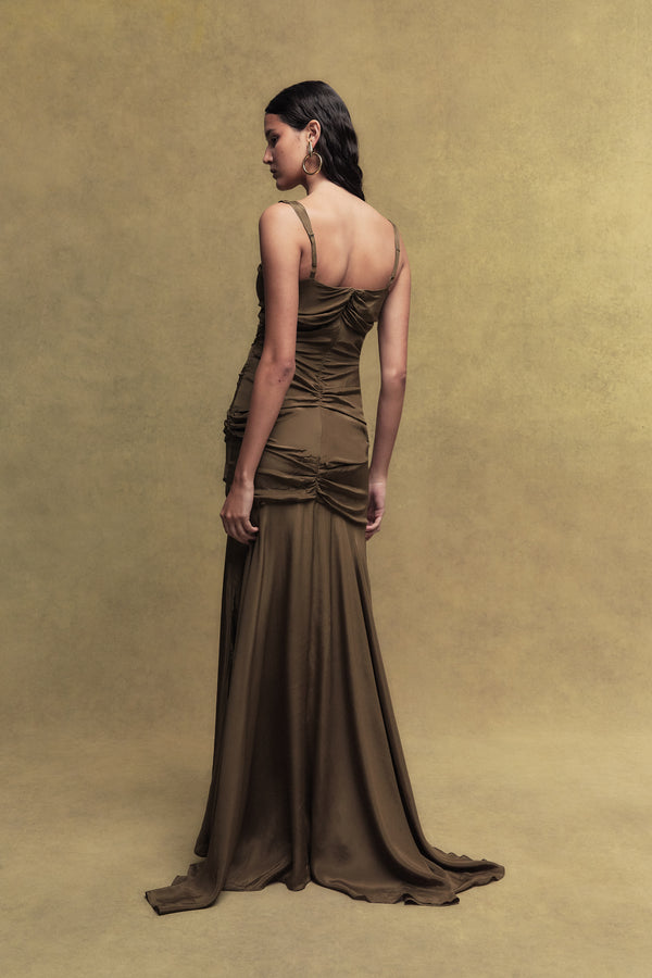 De La Vali PERDITA CREPE DE CHINE MAXI DRESS IN OLIVE GREEN