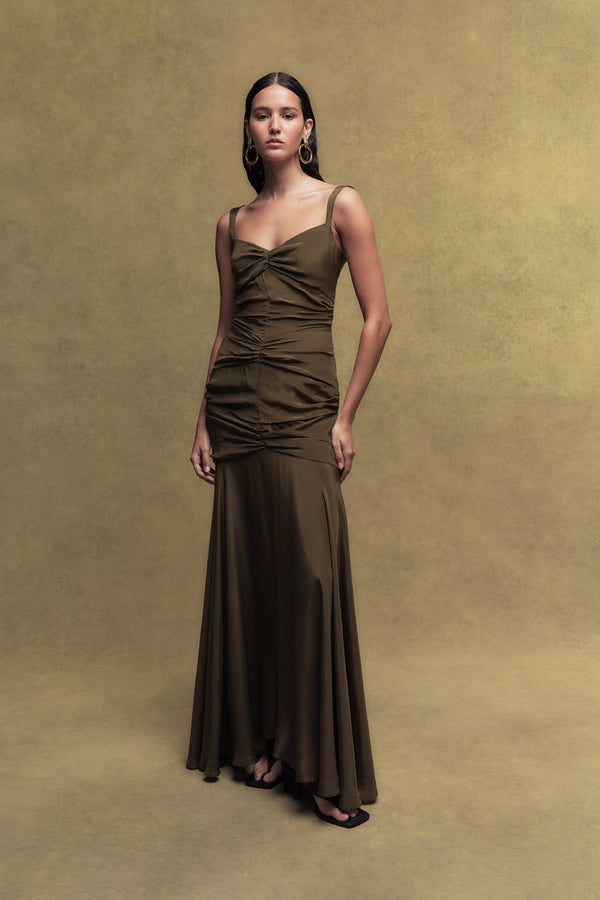 de la vali PERDITA CREPE DE CHINE MAXI DRESS IN OLIVE GREEN