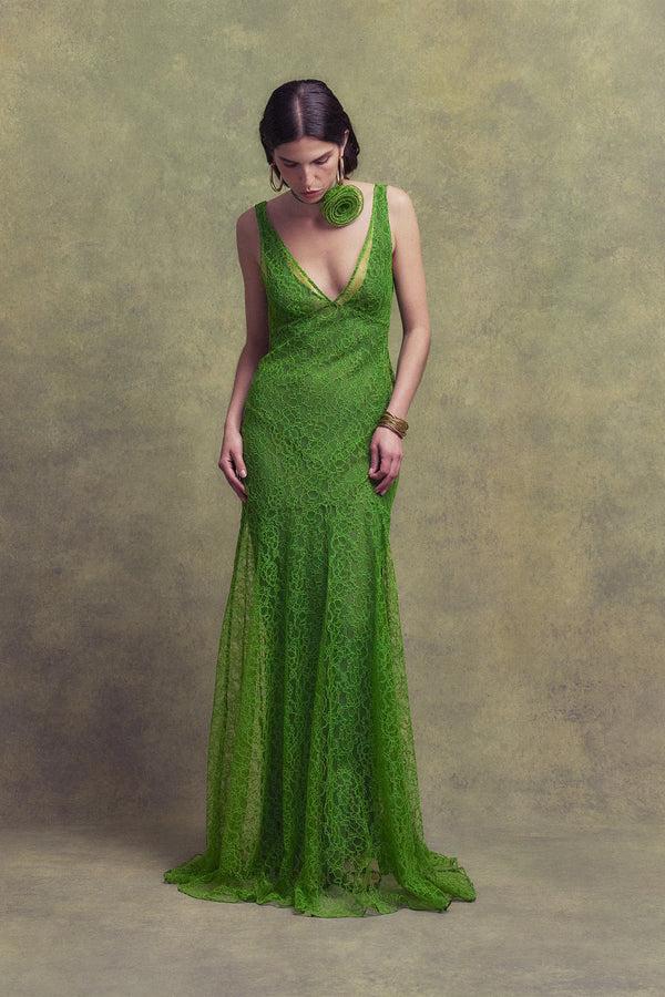 De La Vali PERSEPHONE MAXI DRESS IN SPRING GREEN LACE