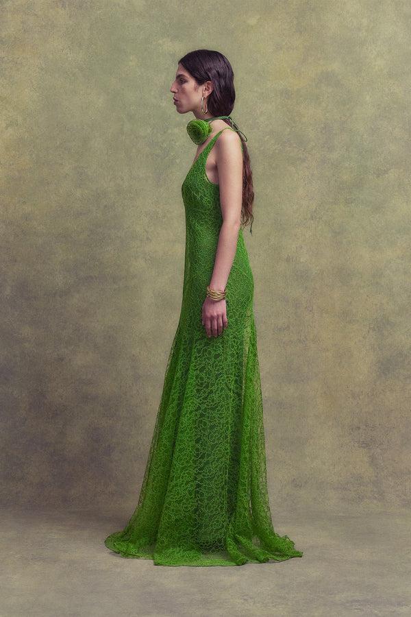 De La Vali PERSEPHONE MAXI DRESS IN SPRING GREEN LACE
