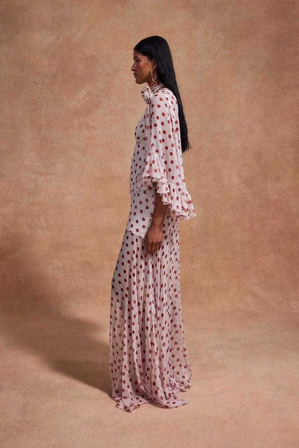 De La Vali PRECIOSO CAPE IN IVORY RED POLKADOT SILK CHIFFON