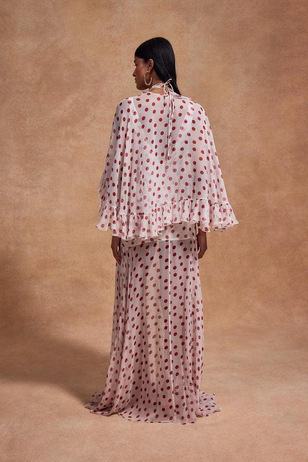 De La Vali PRECIOSO CAPE IN IVORY RED POLKADOT SILK CHIFFON