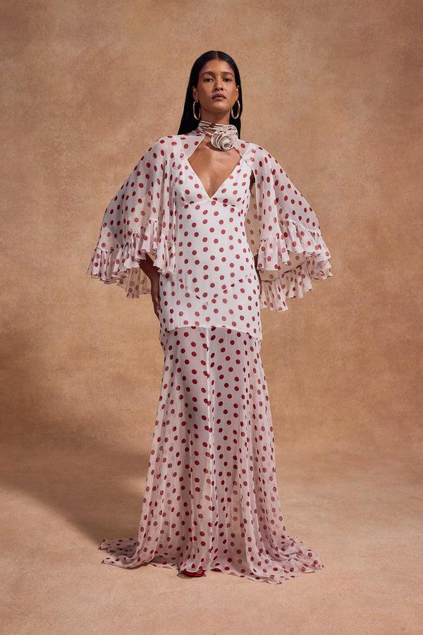 de la vali PRECIOSO CAPE IN IVORY RED POLKADOT SILK CHIFFON