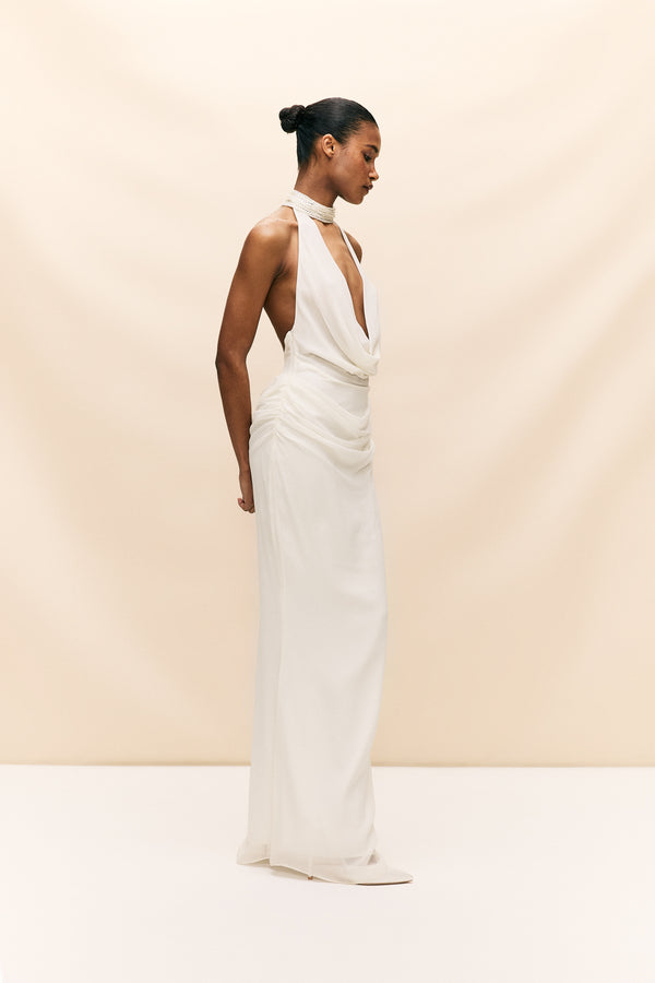 De La Vali PROFITEROLE MAXI DRESS IN IVORY SILK CHIFFON