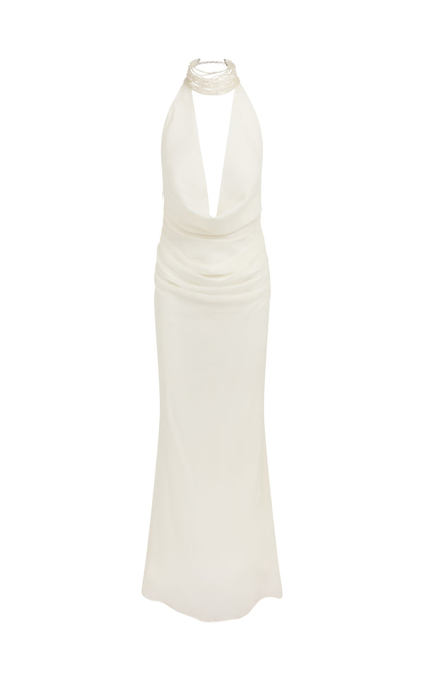 De La Vali PROFITEROLE MAXI DRESS IN IVORY SILK CHIFFON