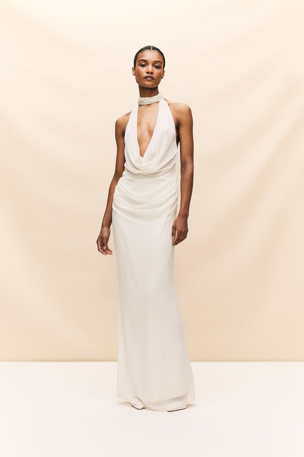 de la vali PROFITEROLE MAXI DRESS IN IVORY SILK CHIFFON