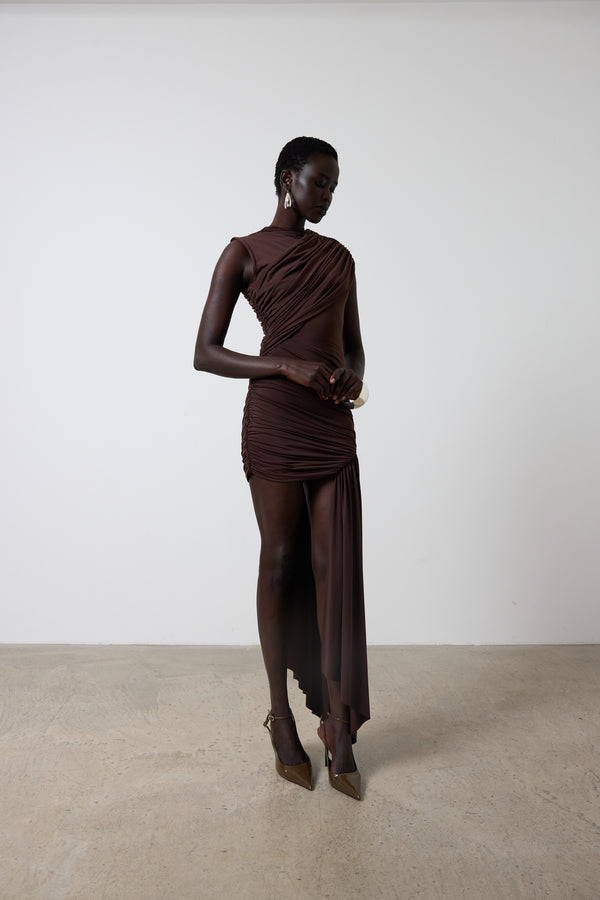 De La Vali RAVENNA MINI DRESS IN CHOCOLATE BROWN JERSEY