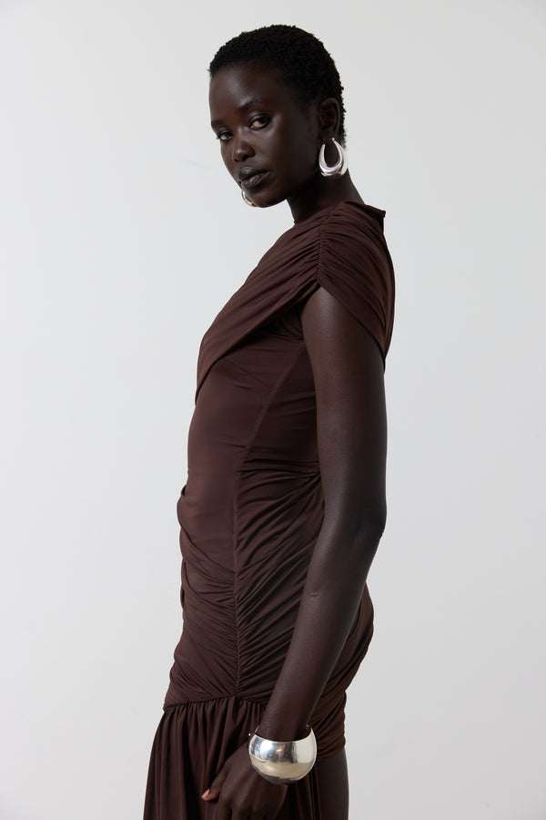 De La Vali RAVENNA MINI DRESS IN CHOCOLATE BROWN JERSEY