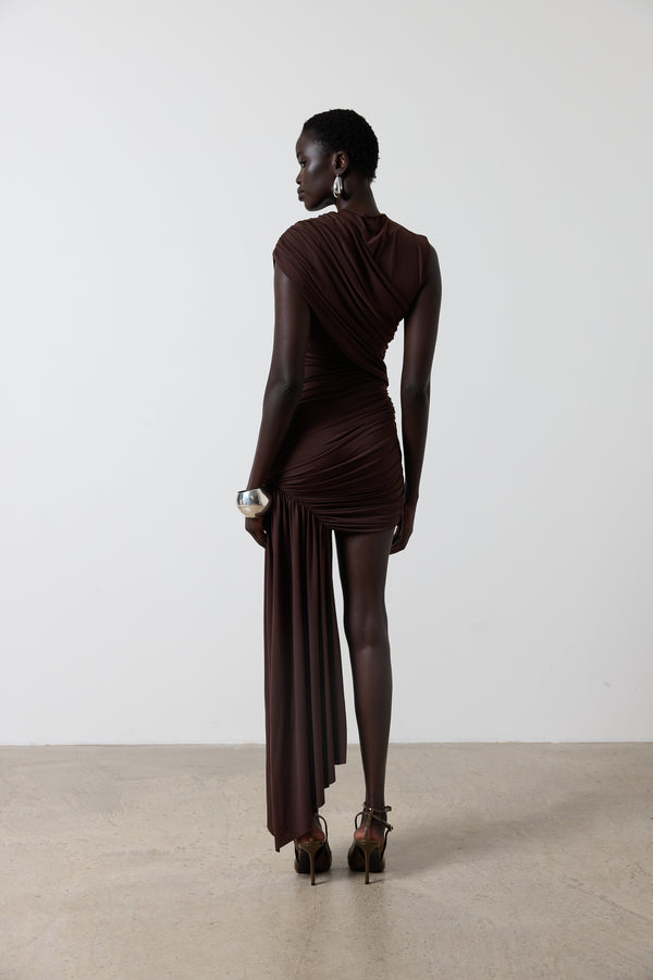 De La Vali RAVENNA MINI DRESS IN CHOCOLATE BROWN JERSEY