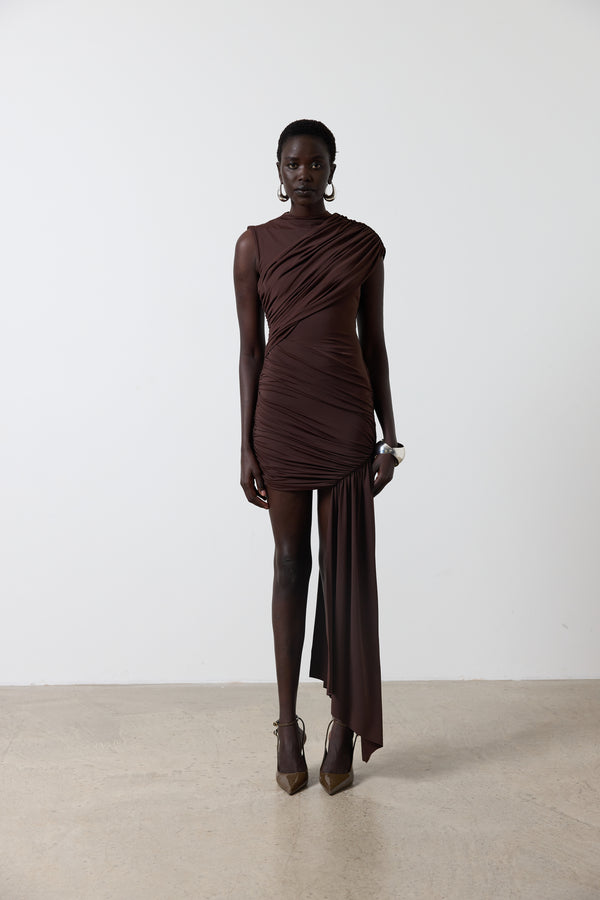 de la vali RAVENNA MINI DRESS IN CHOCOLATE BROWN JERSEY