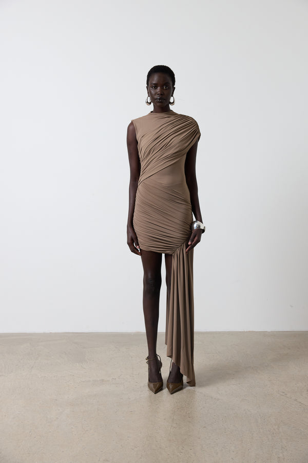 De La Vali RAVENNA MINI DRESS IN TAUPE SPANDEX JERSEY TAUPE