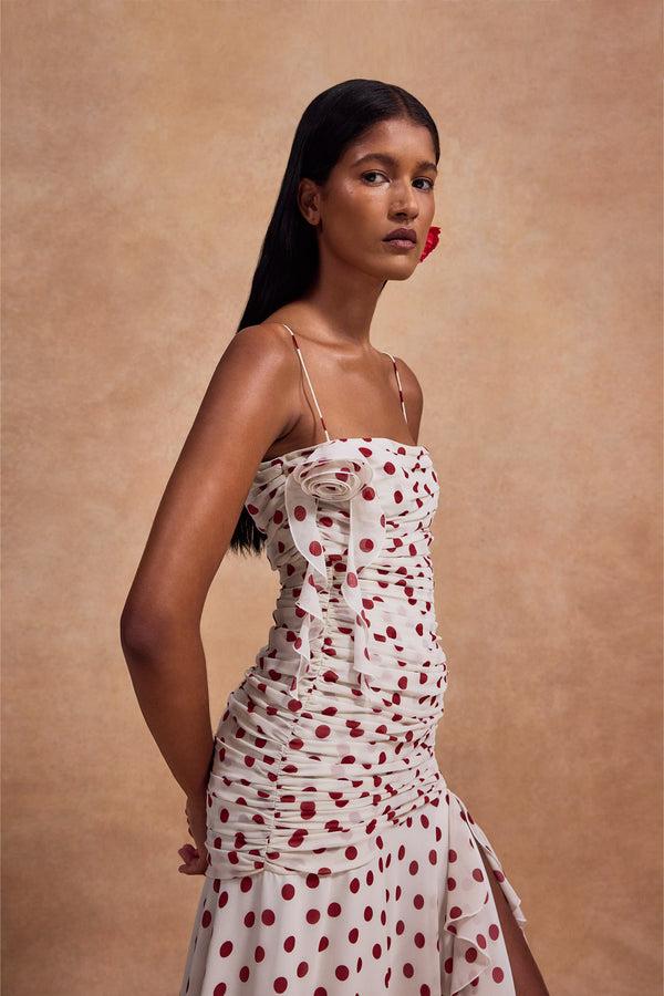 De La Vali ROSADO MAXI DRESS IN IVORY AND RED POLKADOT CHIFFON