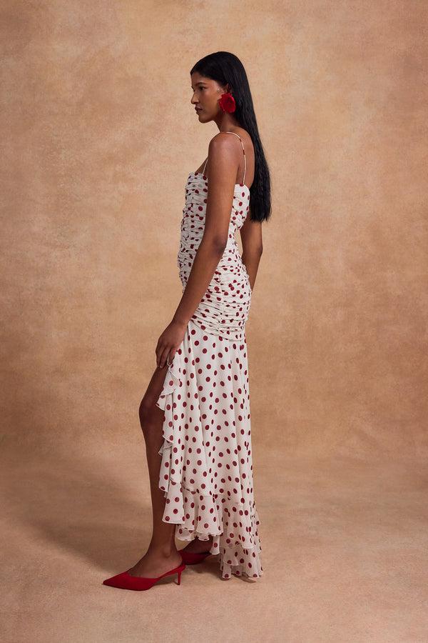 De La Vali ROSADO MAXI DRESS IN IVORY AND RED POLKADOT CHIFFON