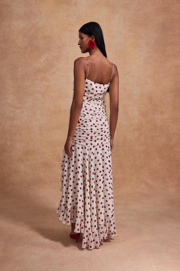 De La Vali ROSADO MAXI DRESS IN IVORY AND RED POLKADOT CHIFFON