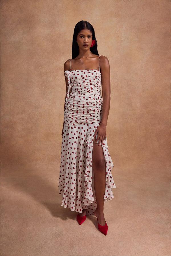 de la vali ROSADO MAXI DRESS IN IVORY AND RED POLKADOT CHIFFON