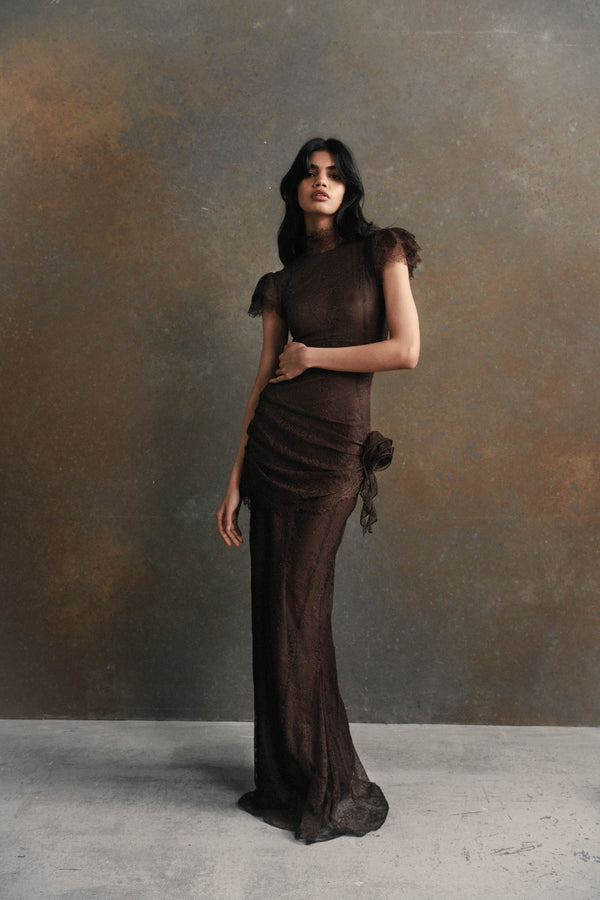 de la vali SILENTIUM MAXI DRESS IN CHOCOLATE BROWN LACE
