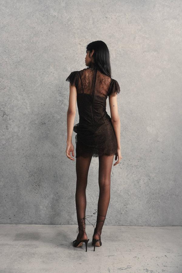 De La Vali SILENTIUM MINI DRESS IN CHOCOLATE BROWN LACE