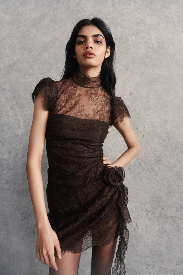 de la vali SILENTIUM MINI DRESS IN CHOCOLATE BROWN LACE