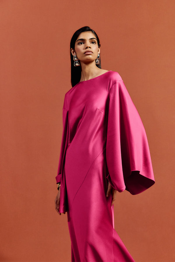 De La Vali XANTHE MAXI DRESS IN HOT PINK SATIN CREPE