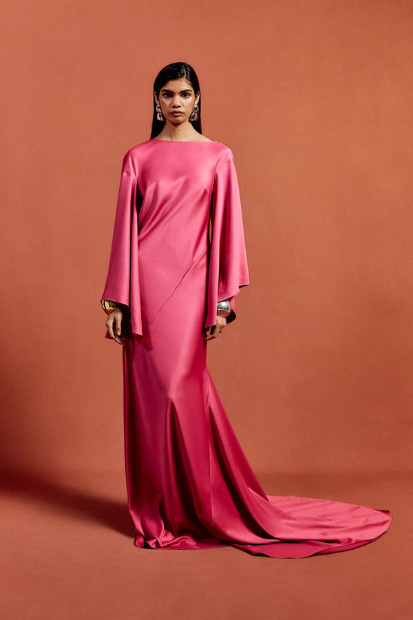 De La Vali XANTHE MAXI DRESS IN HOT PINK SATIN CREPE