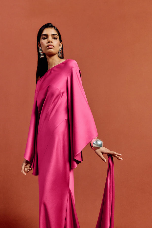 De La Vali XANTHE MAXI DRESS IN HOT PINK SATIN CREPE