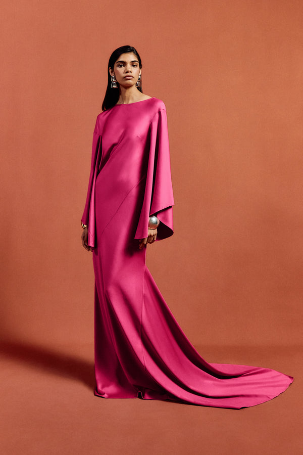de la vali XANTHE MAXI DRESS IN HOT PINK SATIN CREPE