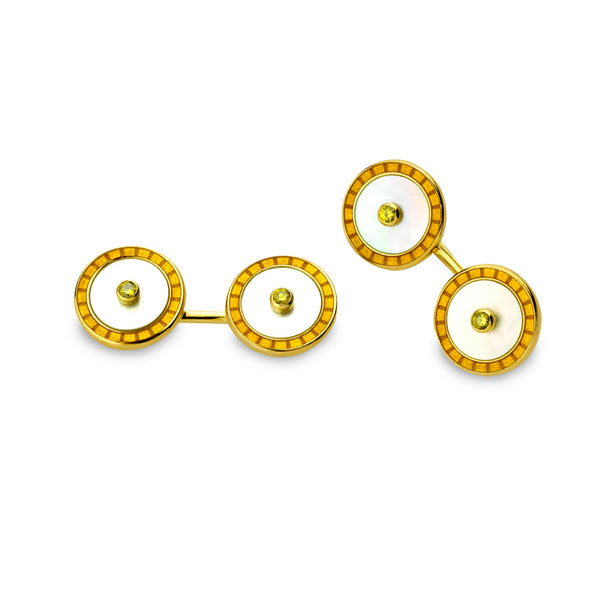 deakin & francis 18ct Gold Mother-Of-Pearl Cufflinks With Light Brown Enamel And Yellow Diamond Centre