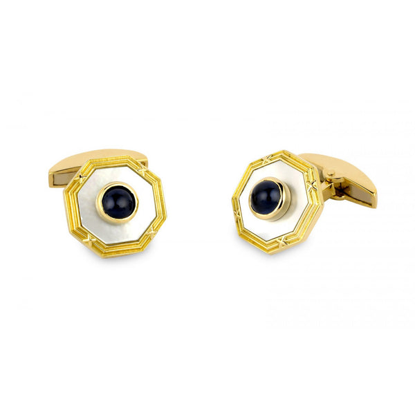 deakin & francis 18ct Gold Octagonal Cufflinks with Mother-of-Pearl and Large Sapphire