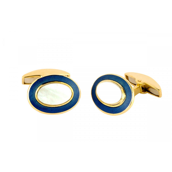 deakin & francis 18ct Gold Oval Cufflinks with Mother-of-Pearl & Royal Blue Border