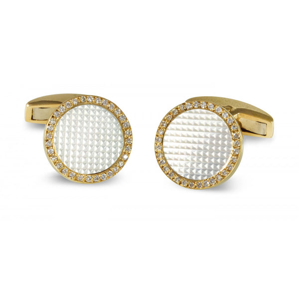 deakin & francis 18ct Gold Round Hobnail Patterned Cufflinks with Diamonds and Mother-of-Pearl Inlay