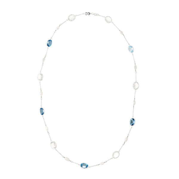 Deakin & Francis 18ct White Gold Blue Topaz Crystal And Pearl 24'' Necklace