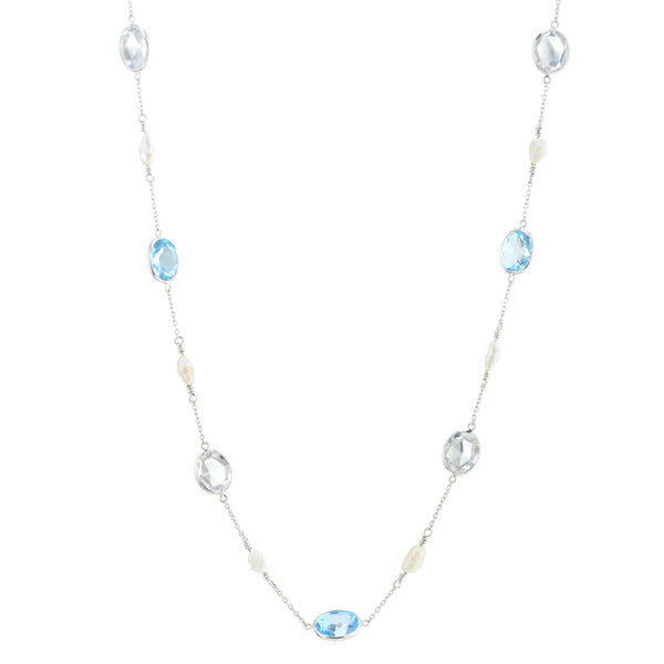 deakin & francis 18ct White Gold Blue Topaz Crystal And Pearl 24'' Necklace