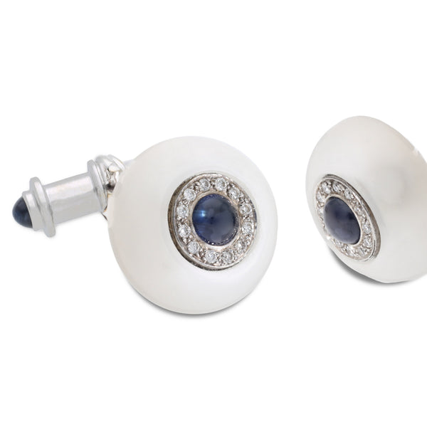 Deakin & Francis 18ct White Gold Cufflinks Rock Crystal Diamond And Sapphire Cufflinks
