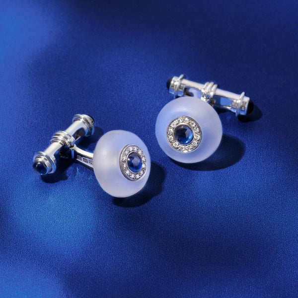 Deakin & Francis 18ct White Gold Cufflinks Rock Crystal Diamond And Sapphire Cufflinks