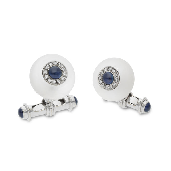 Deakin & Francis 18ct White Gold Cufflinks Rock Crystal Diamond And Sapphire Cufflinks
