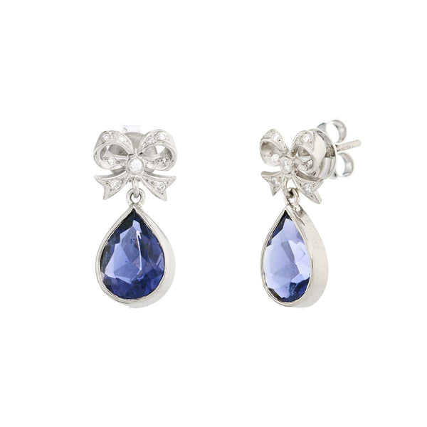 deakin & francis 18ct White Gold Diamond Bow Earrings With Blue Lolite Drops