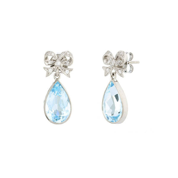 deakin & francis 18ct White Gold Diamond Bow Earrings With Blue Topaz Drops