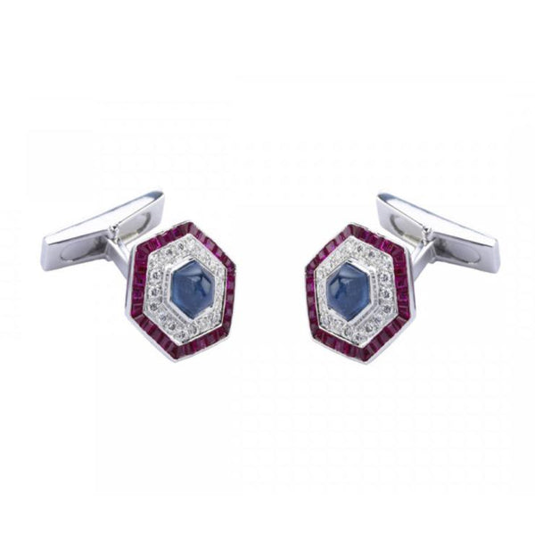deakin & francis 18ct White Gold Hexagonal Cufflinks with Ruby Sapphire and Diamond