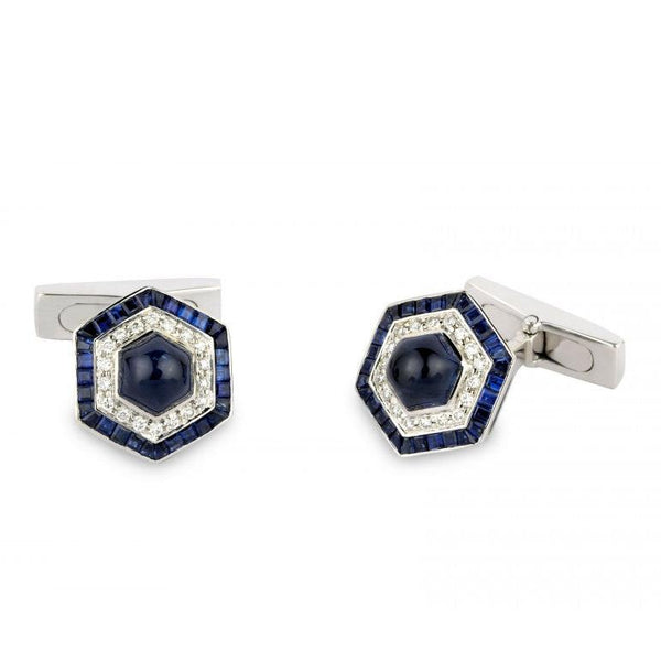 deakin & francis 18ct White Gold Hexagonal Cufflinks with Sapphire and Diamond