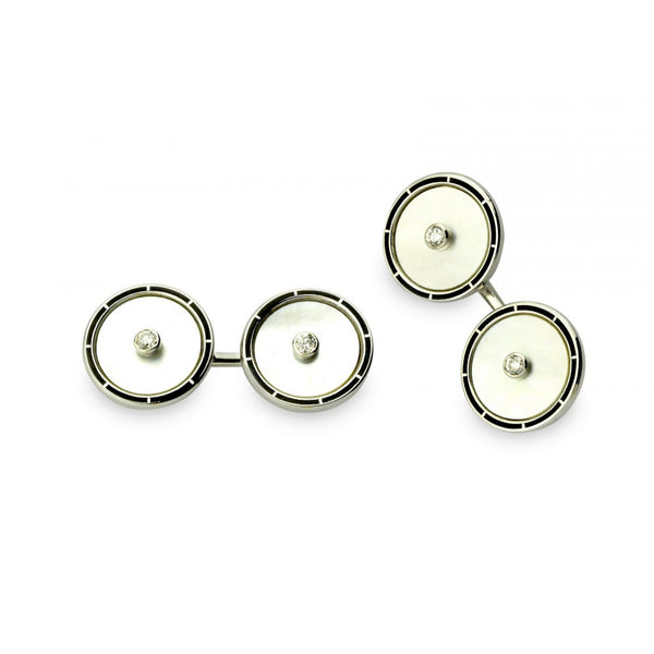 deakin & francis 18ct White Gold Mother-of-Pearl Cufflinks with Diamond Centre & Black Border