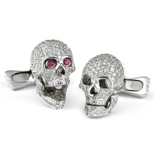 deakin & francis 18ct White Gold Pavé Diamond Skull Cufflinks with Ruby Eyes