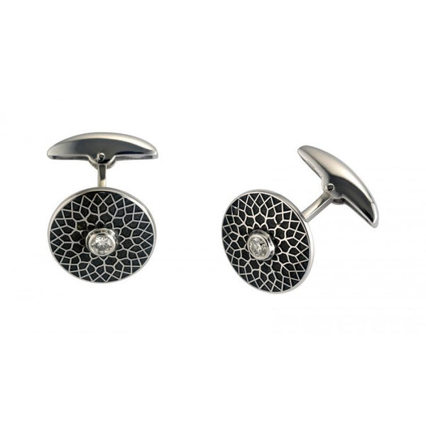 deakin & francis 18ct White Gold Round Black Patterned Cufflinks with Diamond Centre