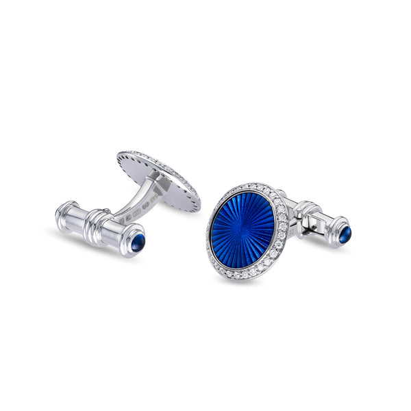 Deakin & Francis 18ct White Gold Round Blue Enamel Cufflinks With Diamond Border And Blue Sapphire Ends