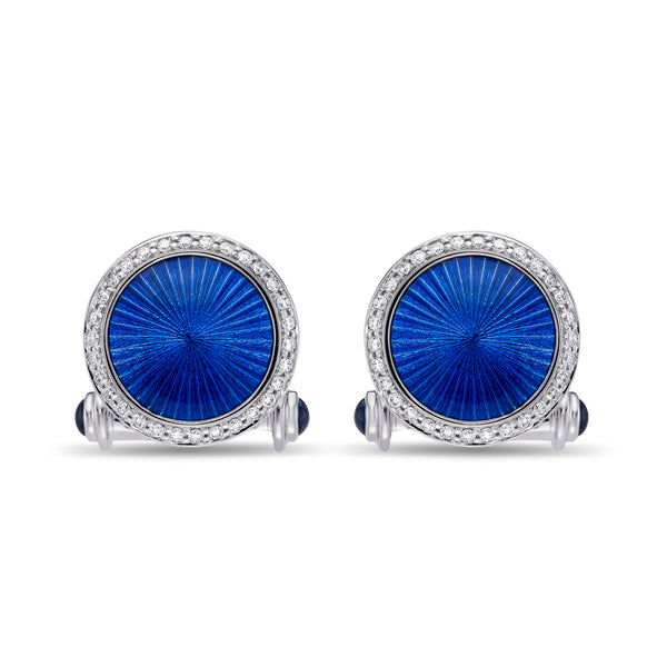 deakin & francis 18ct White Gold Round Blue Enamel Cufflinks with Diamond Border and Blue Sapphire Ends