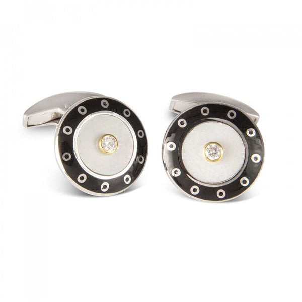 deakin & francis 18ct White Gold Round Cufflinks with Black Border & Mother-of-Pearl and Diamond Centre