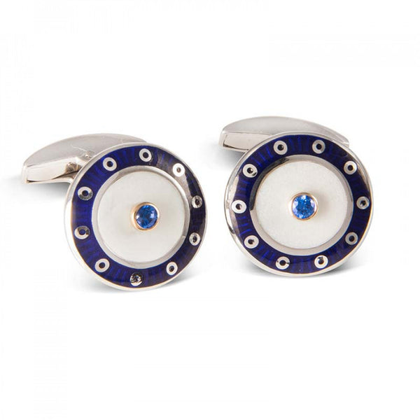 deakin & francis 18ct White Gold Round Cufflinks with Blue Border & Mother of Pearl and Sapphire Centre