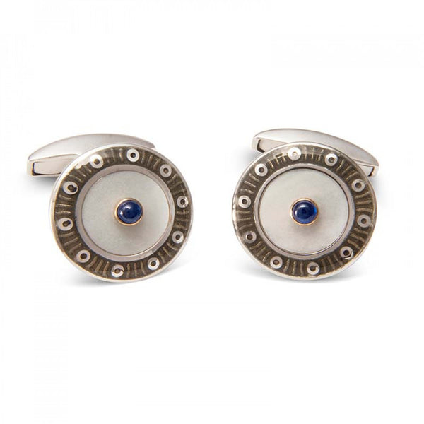 deakin & francis 18ct White Gold Round Cufflinks with Dark Grey Border & Mother of Pearl and Sapphire Centre